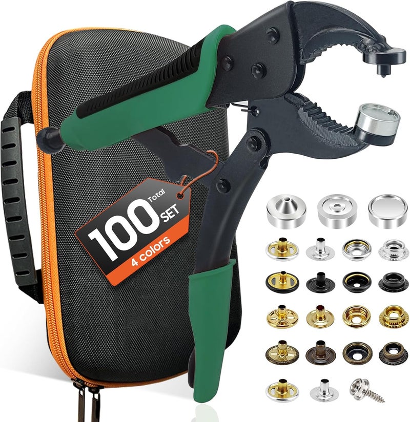 HAPDEN Heavy Duty Snap Fastener Tool kit, Punching Function, Snap Button Tool with Adjustable Setter, 15mm snap Tool with 100 Sets Boat Cover Snaps - Image 1